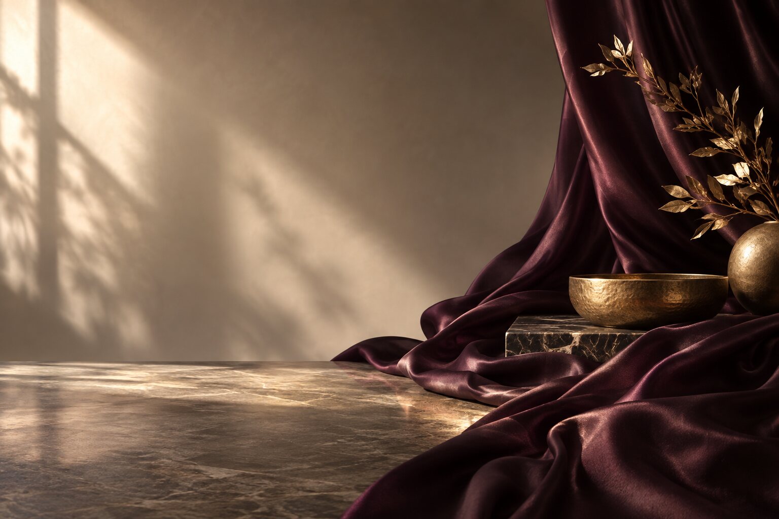 Deep plum fabric illuminated by warm, peaceful light